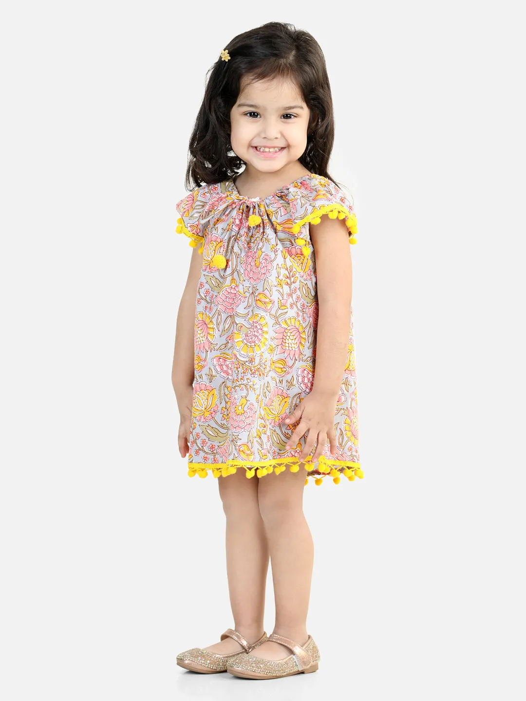 100% Cotton Printed With Pompom Jhabla Frock For Girls- Blue