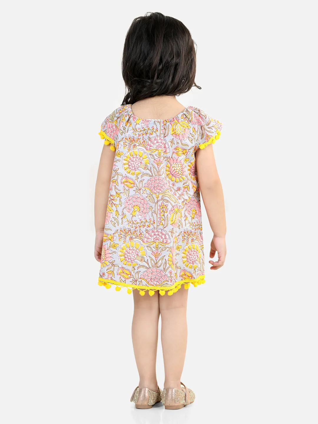 100% Cotton Printed With Pompom Jhabla Frock For Girls- Blue