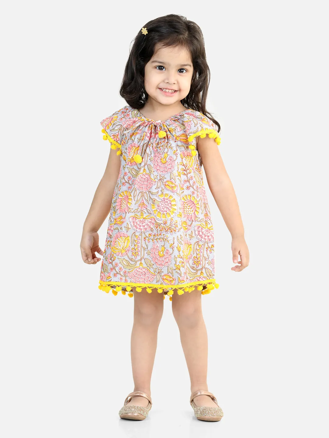 100% Cotton Printed With Pompom Jhabla Frock For Girls- Blue