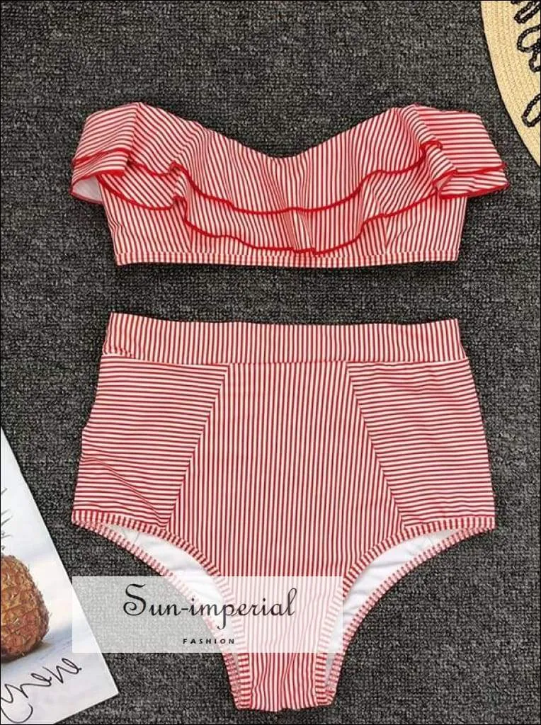 2 Piece Swimsuit Bandeau Bikini High Waisted - Striped Red