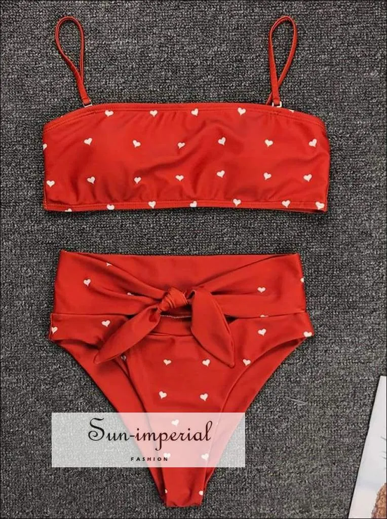 2 Piece Swimsuit Bandeau Bikini High Waisted - Striped Red