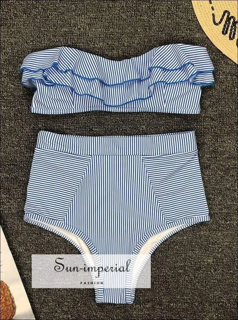 2 Piece Swimsuit Bandeau Bikini High Waisted - Striped Red