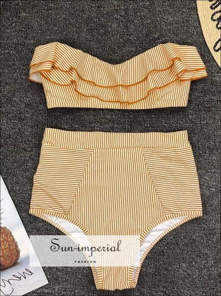 2 Piece Swimsuit Bandeau Bikini High Waisted - Striped Red