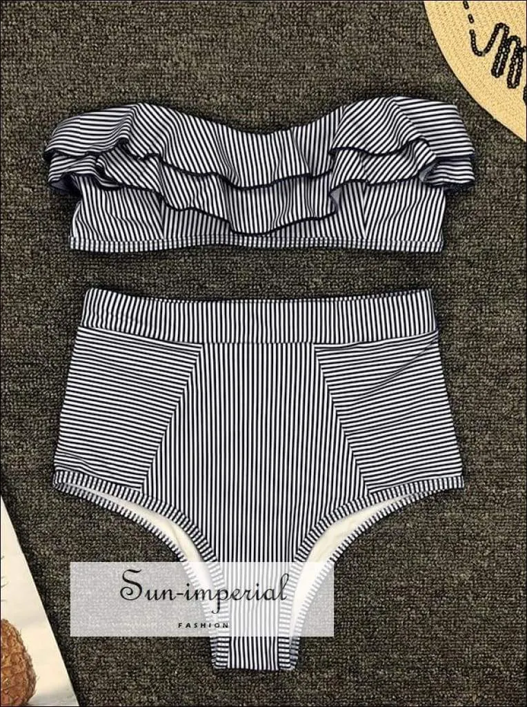 2 Piece Swimsuit Bandeau Bikini High Waisted - Striped Red