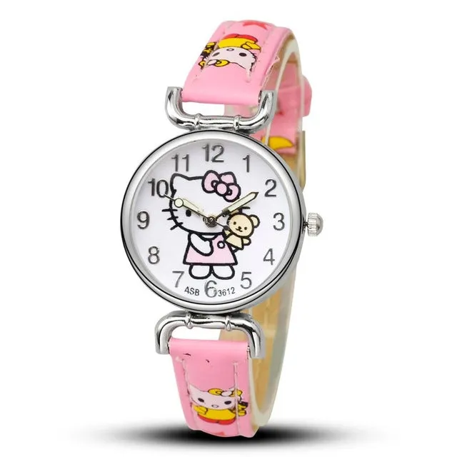 2017 Hello Kitty Cartoon Watches Kid Girls Leather Straps Wristwatch Children Hellokitty Quartz Watch Montre Enfant