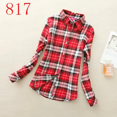 2017 New Hot Sale Long Sleeve Cotton Plaid Shirt Turn Down Collar Shirt Blusas Feminino Ladies Blouses Womens Tops Fashion