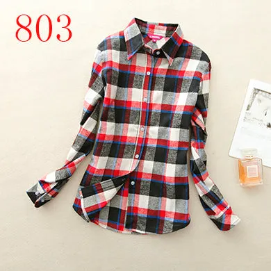 2017 New Hot Sale Long Sleeve Cotton Plaid Shirt Turn Down Collar Shirt Blusas Feminino Ladies Blouses Womens Tops Fashion