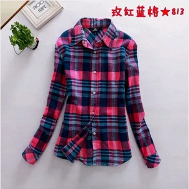 2017 New Hot Sale Long Sleeve Cotton Plaid Shirt Turn Down Collar Shirt Blusas Feminino Ladies Blouses Womens Tops Fashion