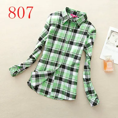 2017 New Hot Sale Long Sleeve Cotton Plaid Shirt Turn Down Collar Shirt Blusas Feminino Ladies Blouses Womens Tops Fashion