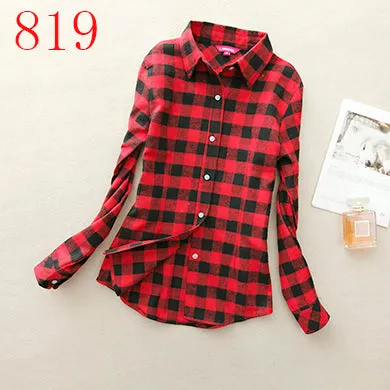 2017 New Hot Sale Long Sleeve Cotton Plaid Shirt Turn Down Collar Shirt Blusas Feminino Ladies Blouses Womens Tops Fashion