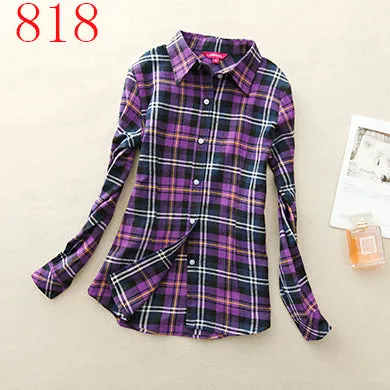 2017 New Hot Sale Long Sleeve Cotton Plaid Shirt Turn Down Collar Shirt Blusas Feminino Ladies Blouses Womens Tops Fashion