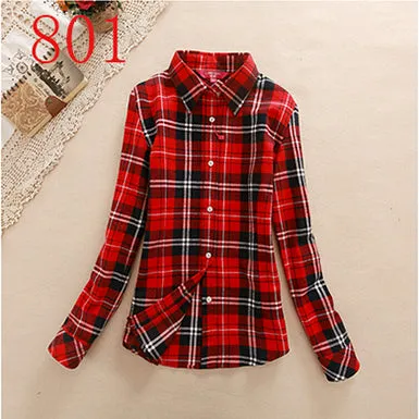 2017 New Hot Sale Long Sleeve Cotton Plaid Shirt Turn Down Collar Shirt Blusas Feminino Ladies Blouses Womens Tops Fashion