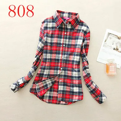 2017 New Hot Sale Long Sleeve Cotton Plaid Shirt Turn Down Collar Shirt Blusas Feminino Ladies Blouses Womens Tops Fashion