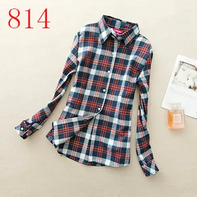 2017 New Hot Sale Long Sleeve Cotton Plaid Shirt Turn Down Collar Shirt Blusas Feminino Ladies Blouses Womens Tops Fashion