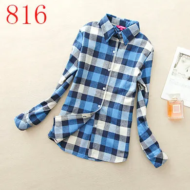 2017 New Hot Sale Long Sleeve Cotton Plaid Shirt Turn Down Collar Shirt Blusas Feminino Ladies Blouses Womens Tops Fashion