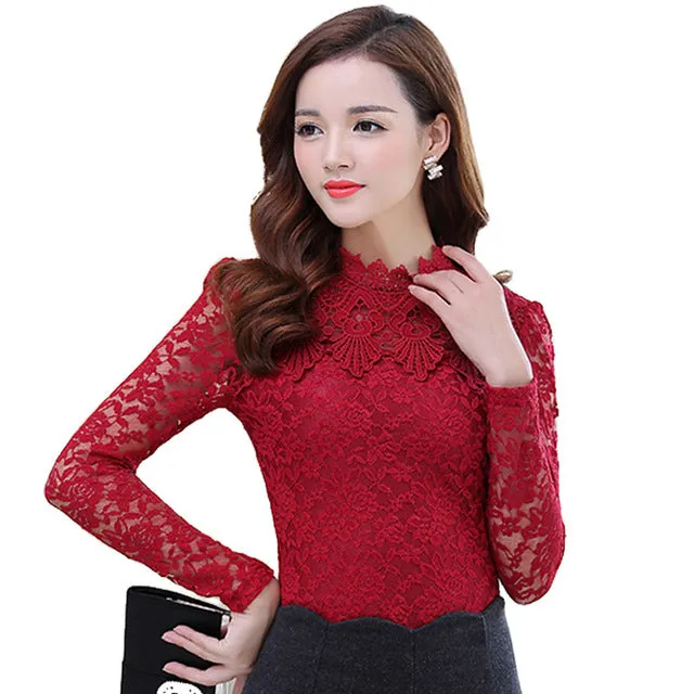 2017 Spring Summer Women Tops Fashion Lace Blouse Long Sleeve Slim Body Floral Shirt Elegant Plus Size Lace Top blusas femininas