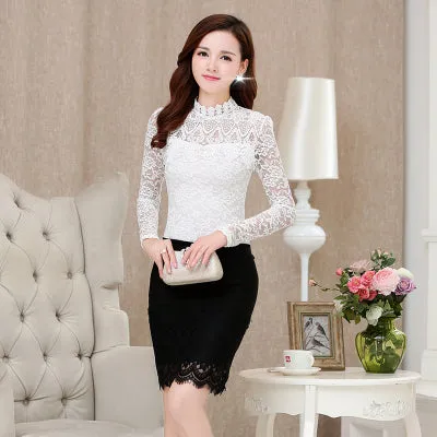 2017 Spring Summer Women Tops Fashion Lace Blouse Long Sleeve Slim Body Floral Shirt Elegant Plus Size Lace Top blusas femininas