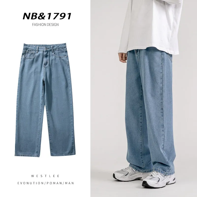 2023 New Korean Fashion Men&#39;s Baggy Jeans Classic Unisex Man Straight Denim Wide-leg Pants Hip Hop Bagy Light Blue Grey Black