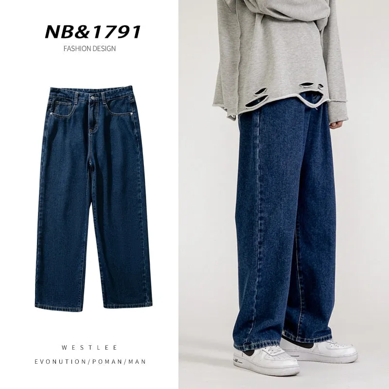 2023 New Korean Fashion Men&#39;s Baggy Jeans Classic Unisex Man Straight Denim Wide-leg Pants Hip Hop Bagy Light Blue Grey Black