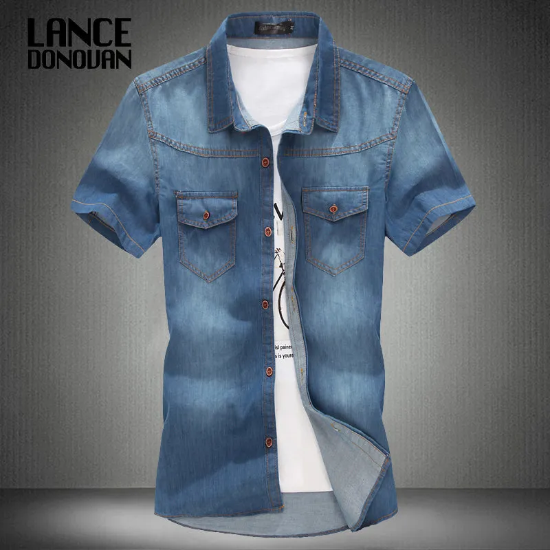 3 color blue summer denim jeans shirt for men short sleeves 2014 summer Korean style fashion washed Slim Man casual GOOD QUALITY