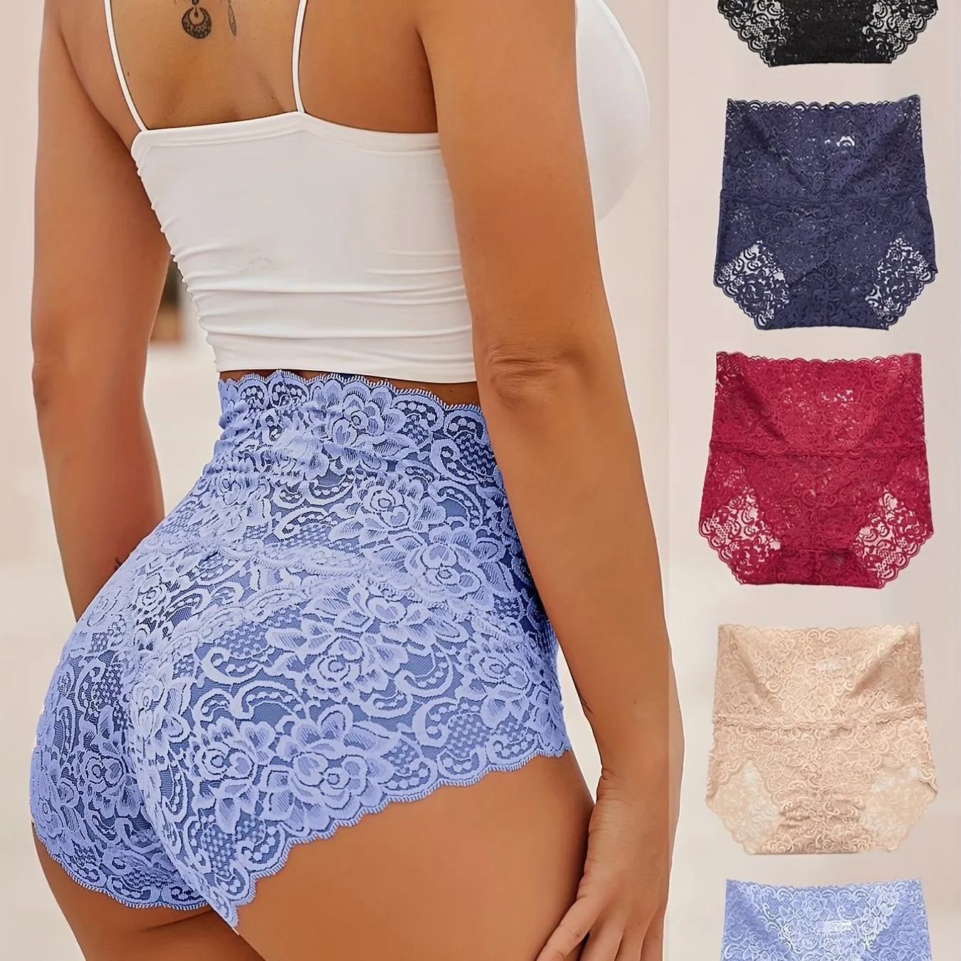 5pcs Breathable Floral Lace Briefs Stylish Stretch Panties for Women