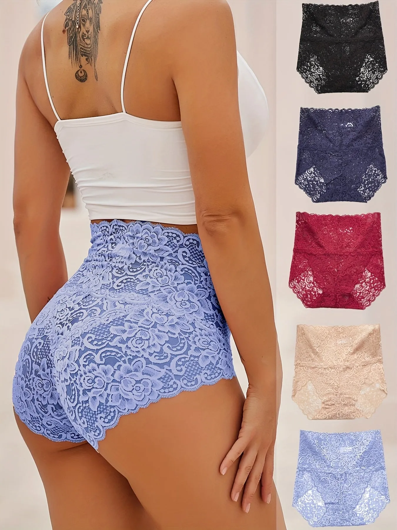 5pcs Breathable Floral Lace Briefs Stylish Stretch Panties for Women