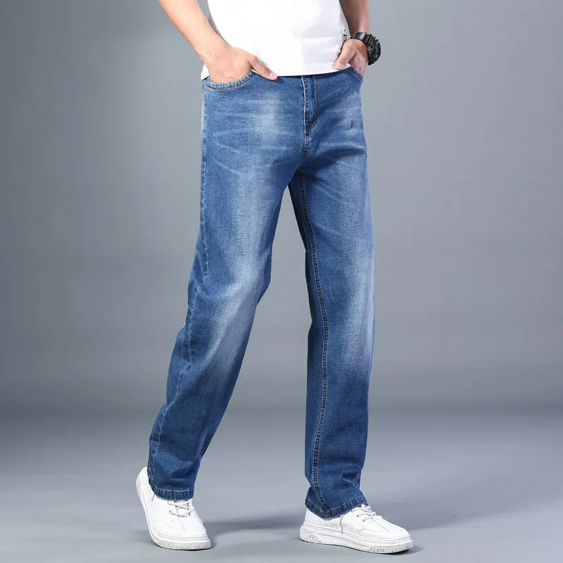 6 Colors Spring Summer Men&#39;s Thin Straight-leg Loose Jeans Classic Style  Advanced Stretch Baggy Pants Male Plus Size 40 42 44