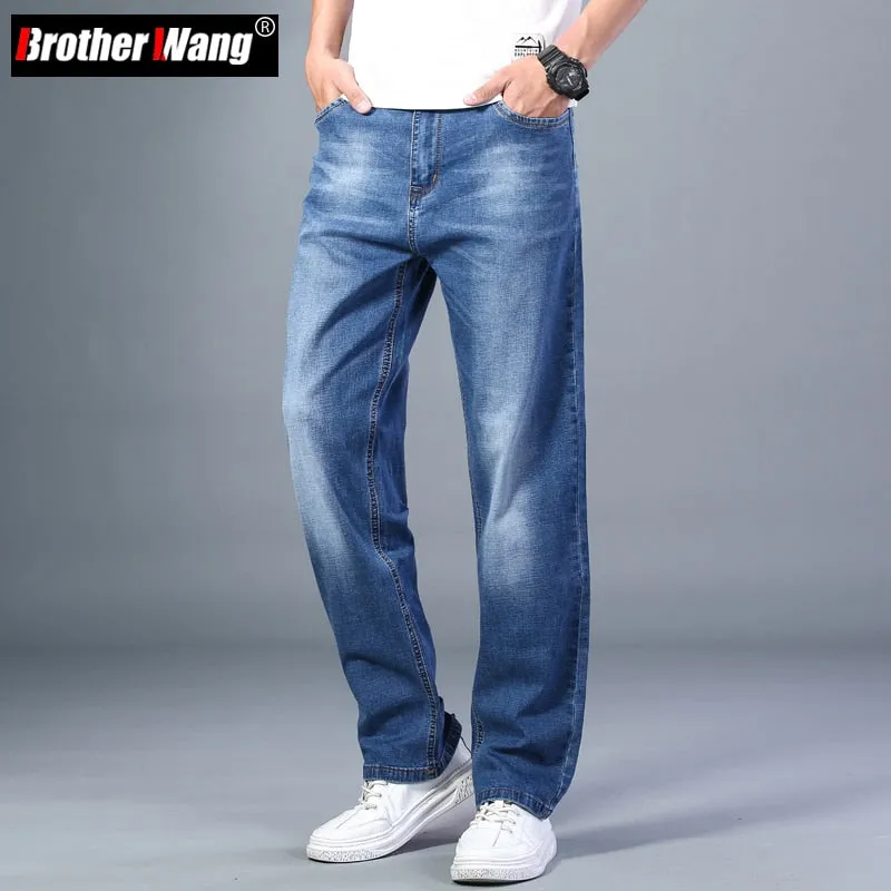 6 Colors Spring Summer Men&#39;s Thin Straight-leg Loose Jeans Classic Style  Advanced Stretch Baggy Pants Male Plus Size 40 42 44