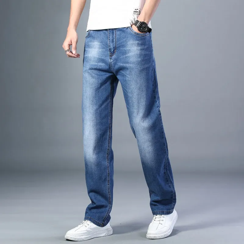 6 Colors Spring Summer Men&#39;s Thin Straight-leg Loose Jeans Classic Style  Advanced Stretch Baggy Pants Male Plus Size 40 42 44