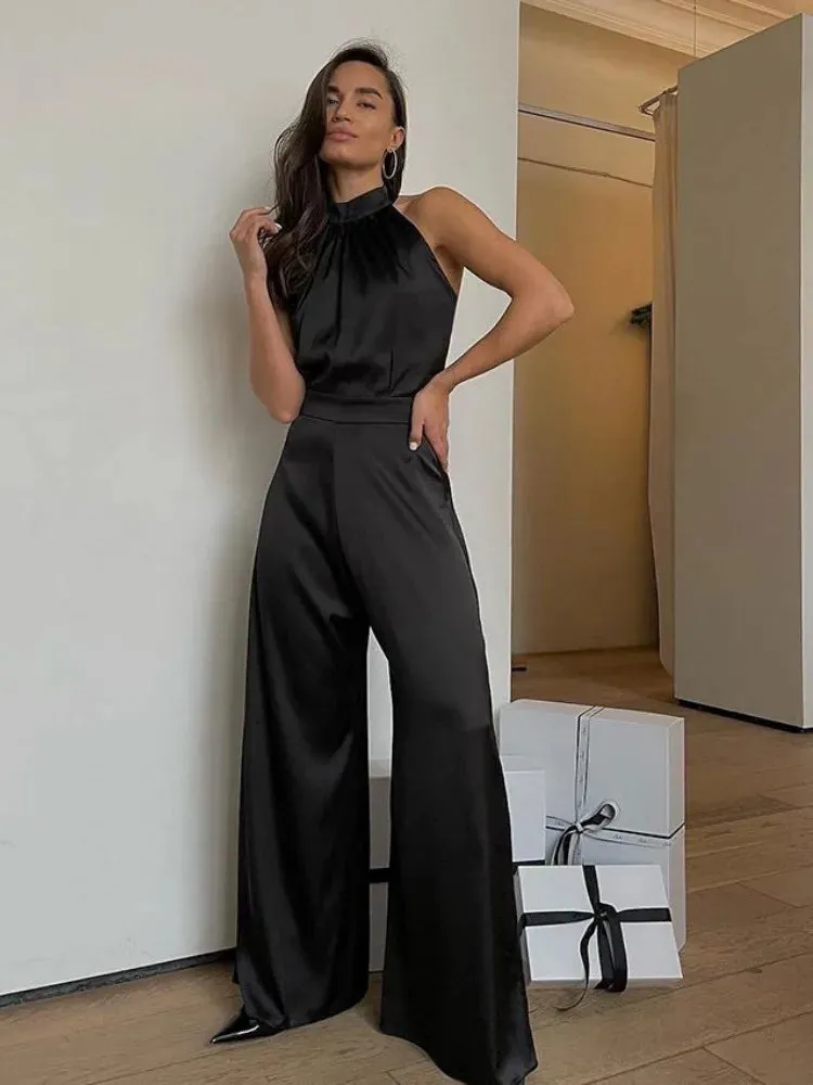 ADVBRIDGE Summer High-waisted Thin Jumpsuit Women Sleeveless Strapless Black Top Monos Para Mujer Design Sense of Temperament Hanging Neck