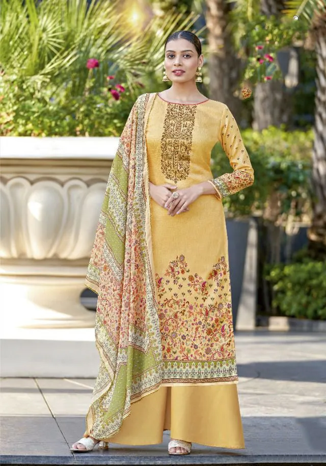 Alok Unstitched Yellow Cotton Salwar Suits With Dupatta