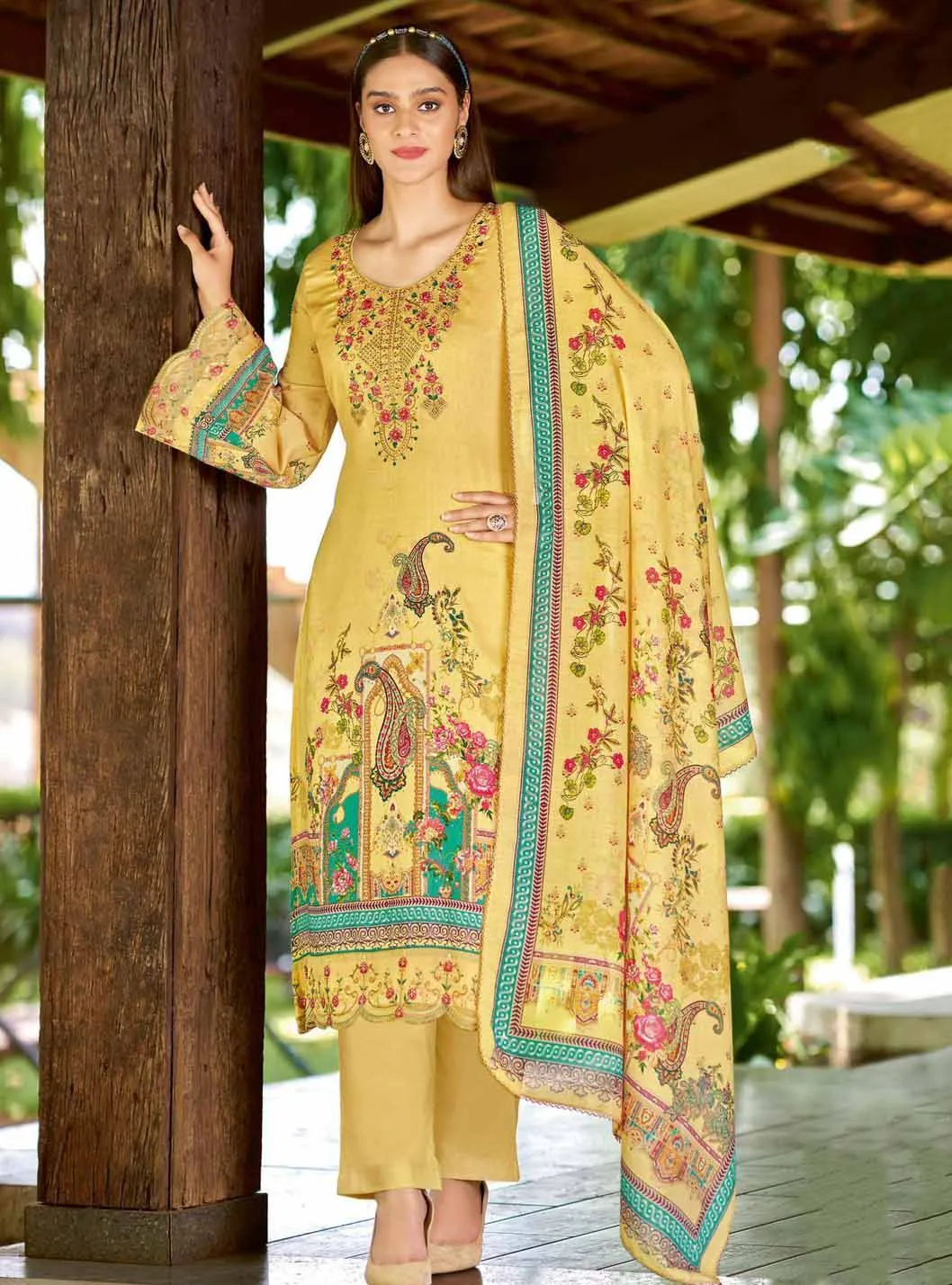 Alok Unstitched Yellow Pakistani Print Salwar Suit Material