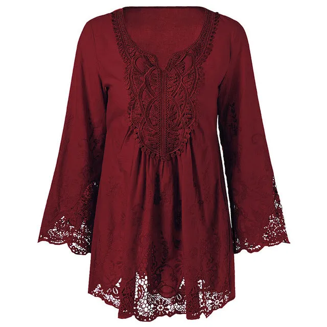 AZULINA Plus Size 5XL 4XL Women Lace Blouse Shirt Long Sleeve Loose Casual Vintage Female Red 2017 Spring Blusas Blouses Tops