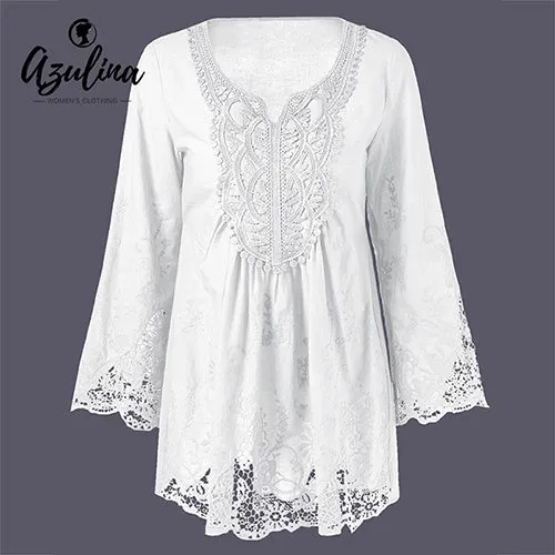 AZULINA Plus Size 5XL 4XL Women Lace Blouse Shirt Long Sleeve Loose Casual Vintage Female Red 2017 Spring Blusas Blouses Tops