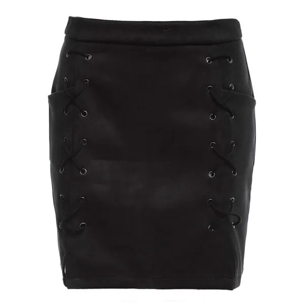 AZULINA Women Leather Suede Pencil Black Mini Skirt 2017 Spring Autumn High Waist Short Bodycon Lace Up Skirts Sexy Split Skirts