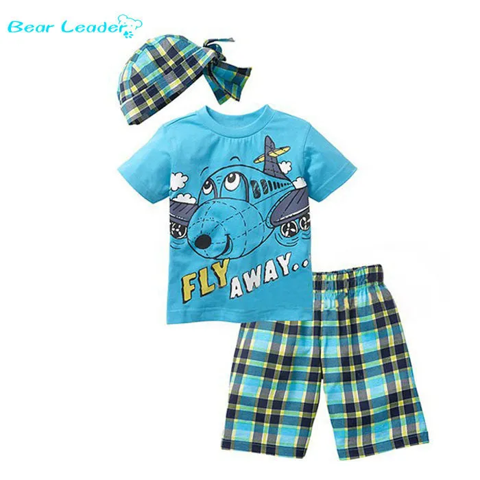 Bear Leader Active boys sets boy shorts Cartoon suits summer short sleeve T-shirt   plaid pants   hat 3 pieces clothing set