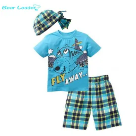 Bear Leader Active boys sets boy shorts Cartoon suits summer short sleeve T-shirt   plaid pants   hat 3 pieces clothing set