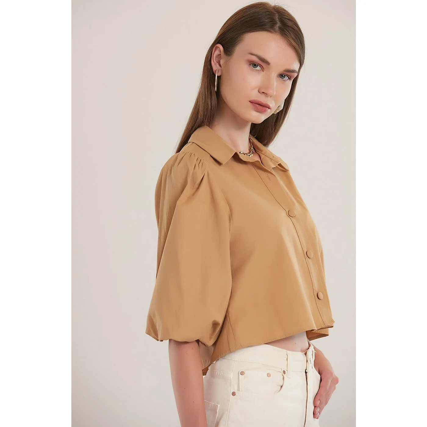 Beige Elastic Sleeve Short Shirt