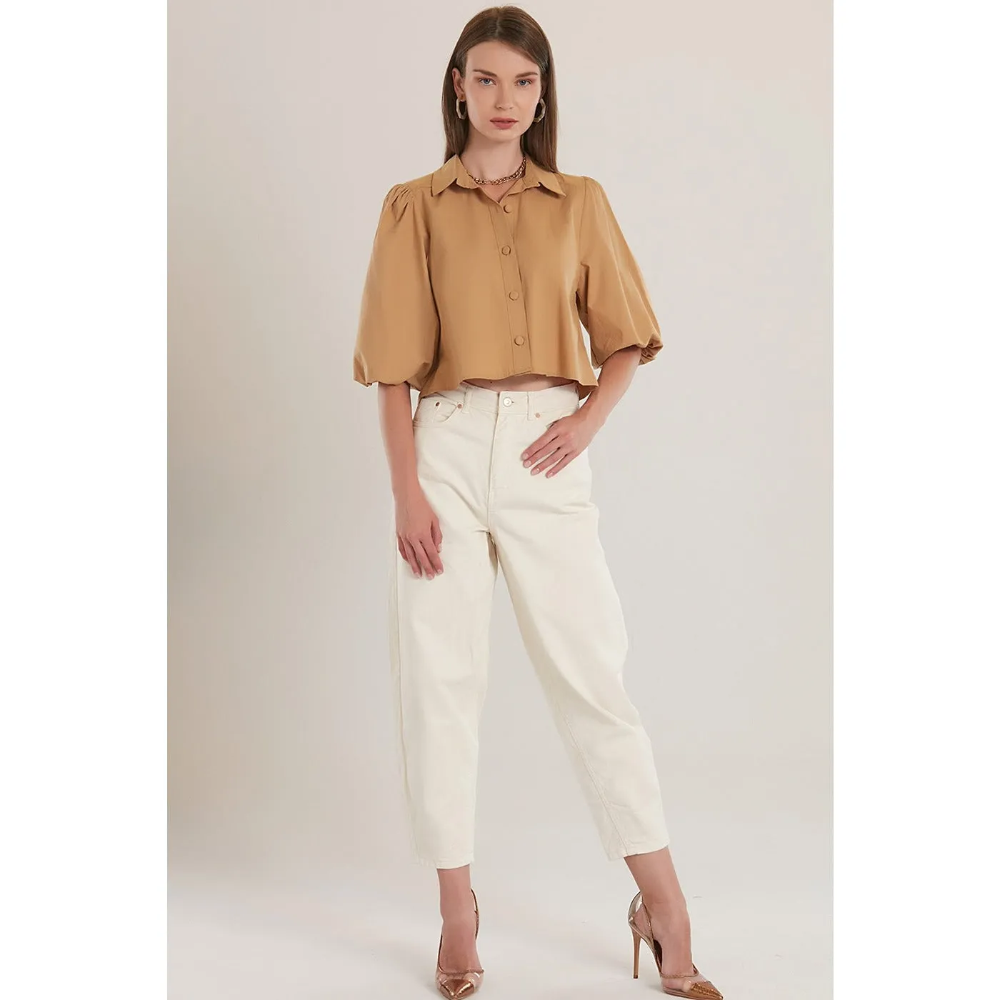 Beige Elastic Sleeve Short Shirt