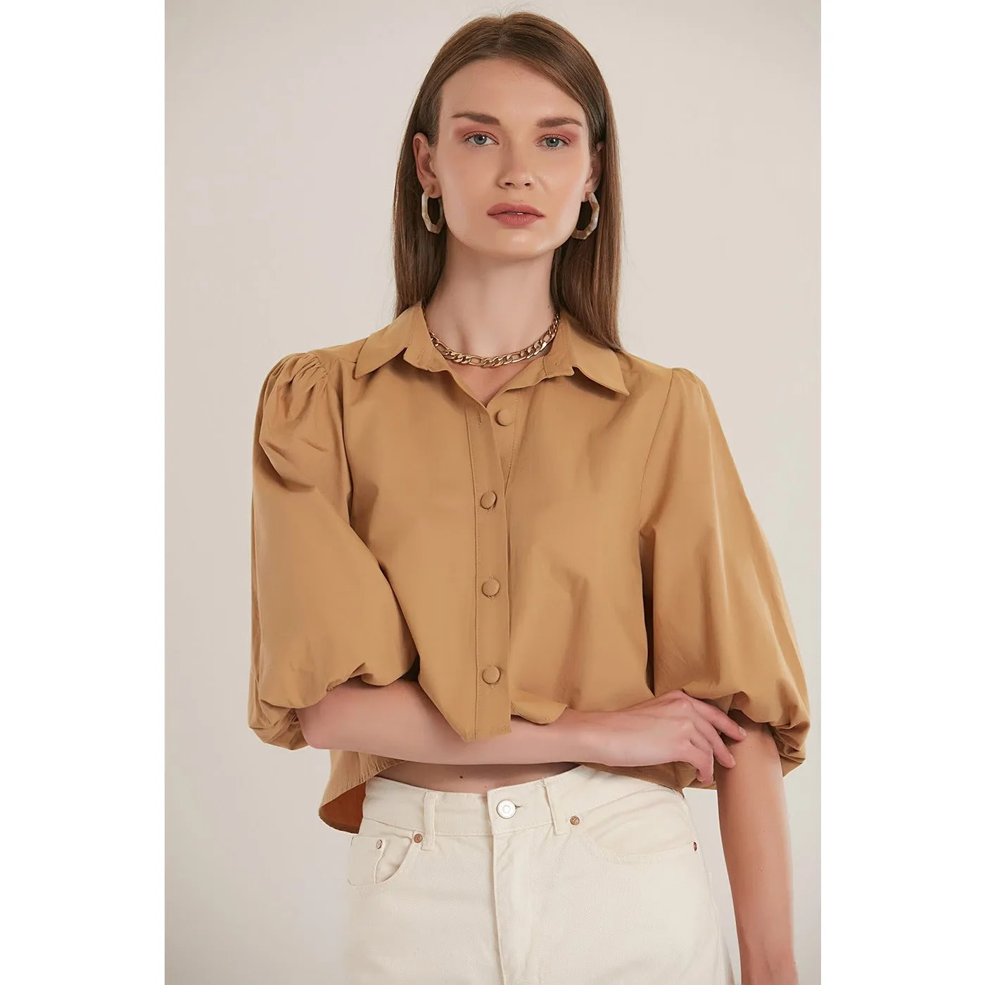 Beige Elastic Sleeve Short Shirt