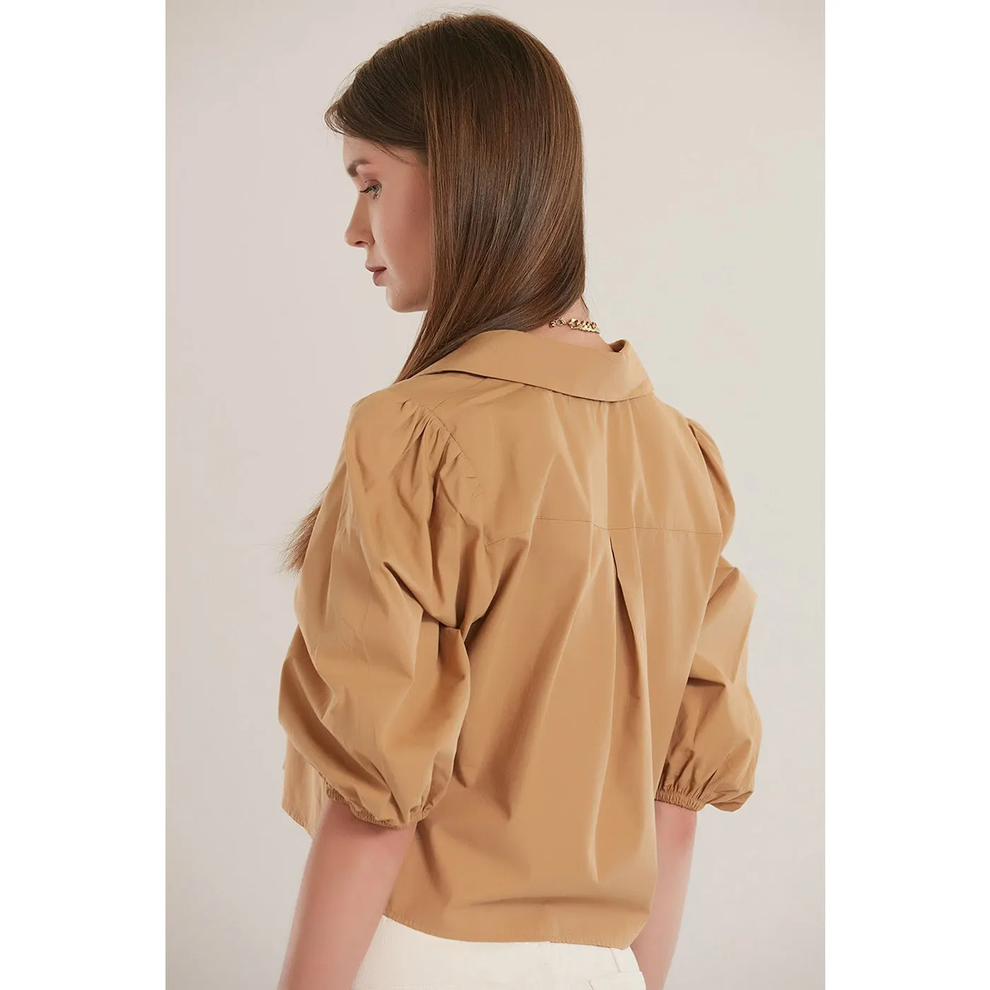 Beige Elastic Sleeve Short Shirt