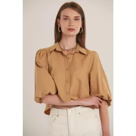 Beige Elastic Sleeve Short Shirt