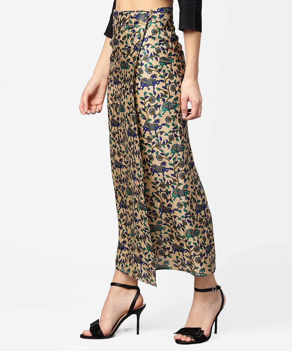 Beige Printed Midi Cotton Straight Skirt