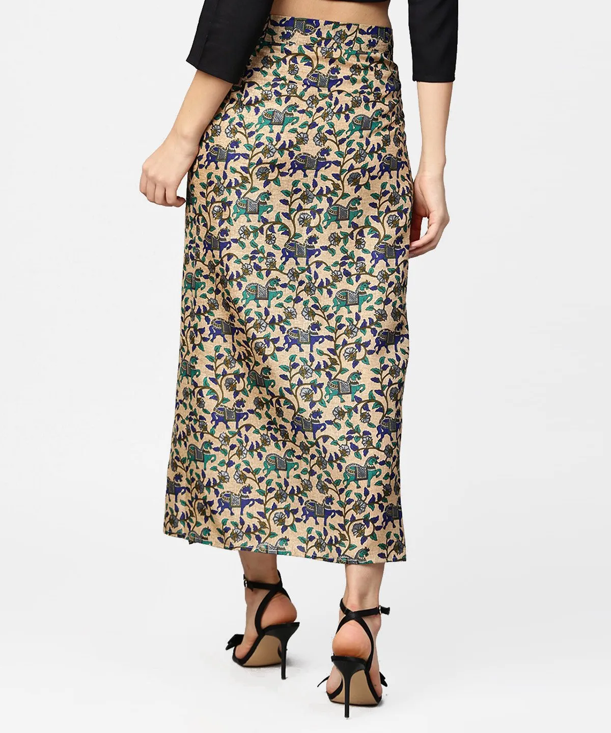 Beige Printed Midi Cotton Straight Skirt