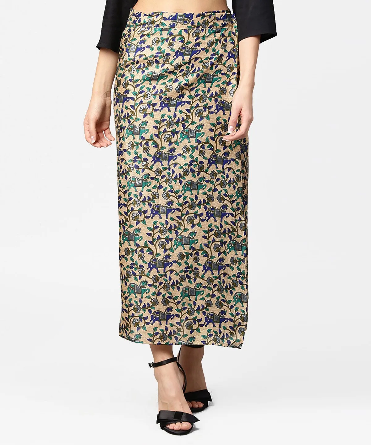 Beige Printed Midi Cotton Straight Skirt