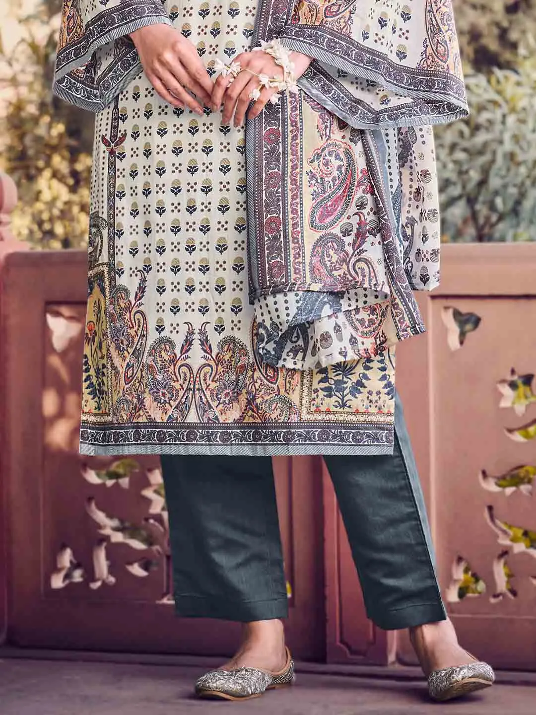 Belliza Pakistani Print Grey Unstitched Cotton Suit Dress Material