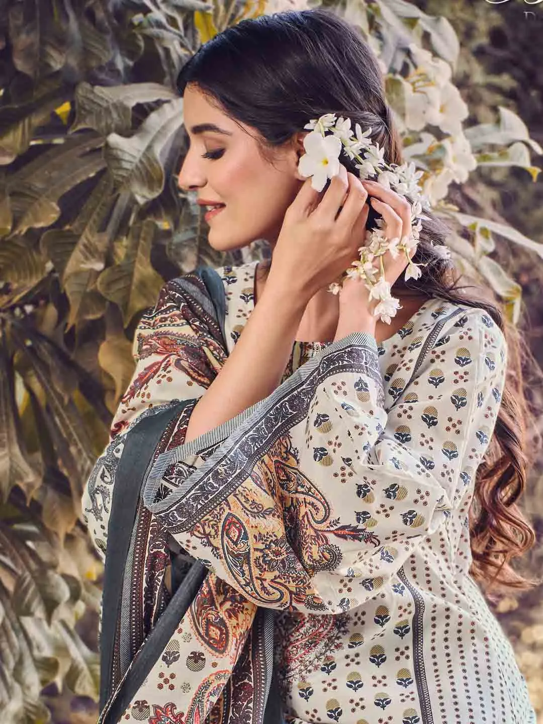 Belliza Pakistani Print Grey Unstitched Cotton Suit Dress Material