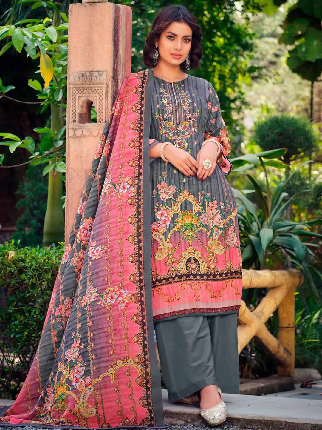 Belliza Unstitched Women Pakistani Print Cotton Suits Set Grey