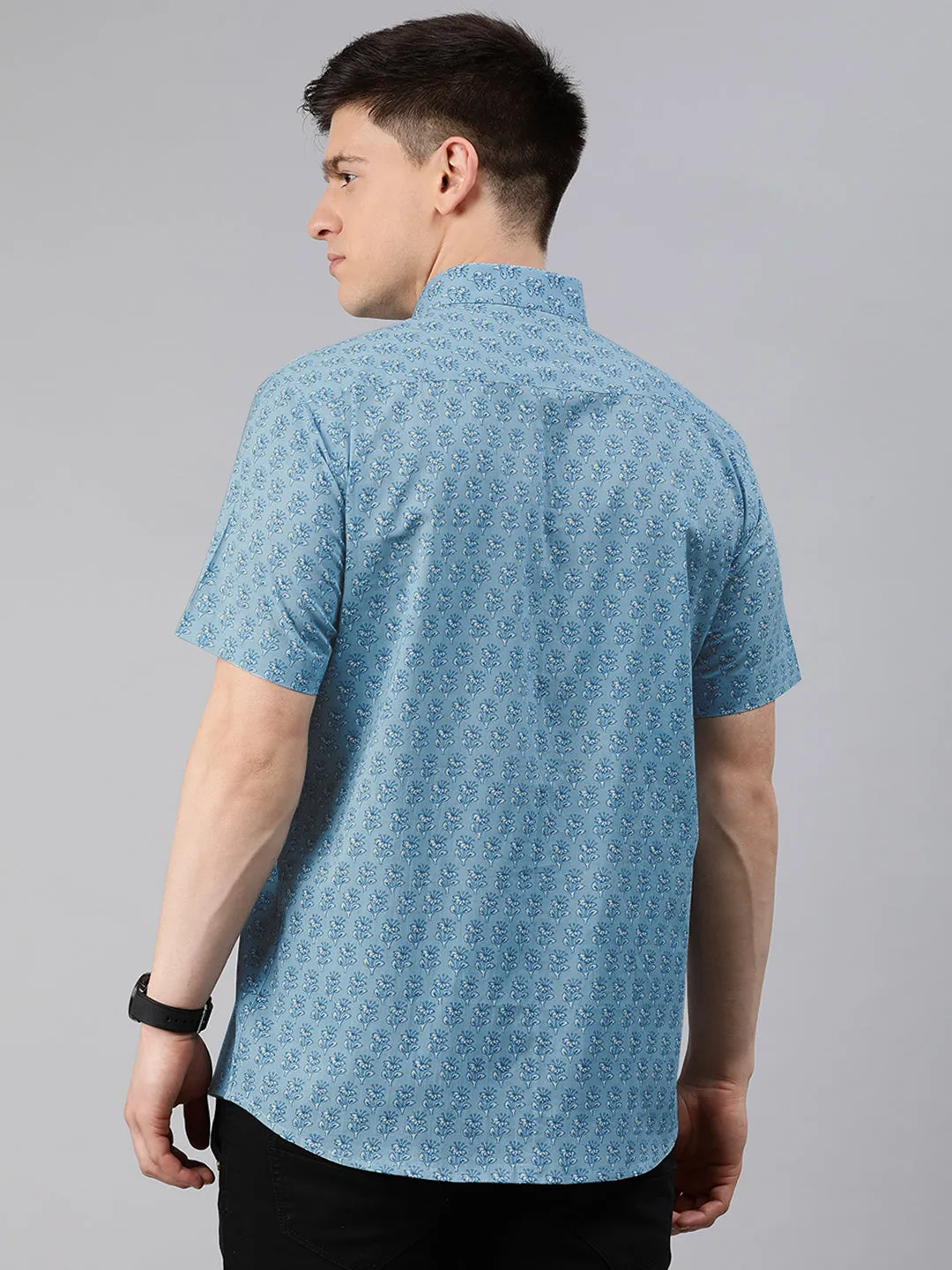 Blue Cotton Short Sleeves Shirts For Men-Mmh02