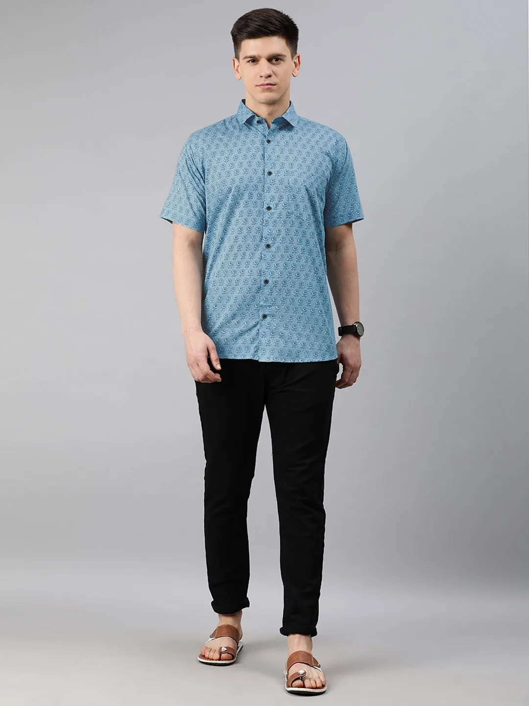 Blue Cotton Short Sleeves Shirts For Men-Mmh02